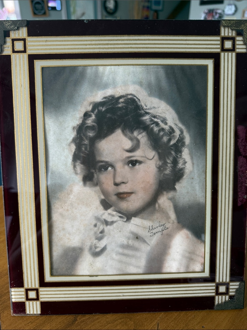 Vintage 1930’s Shirley Temple Autographed Portrait Photo Framed in Burgundy/Gold